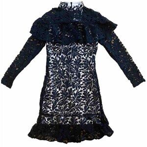 WRDRB Parisian Black Lace Dress Ruffle Long Sleeve Paris Luxury Overlay Formal